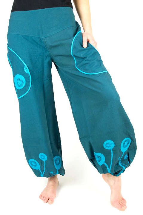 Kalhoty MUSHROOM bavlna,potisk, výšivka Nepál, modré NT0053 20 010 KENAVI